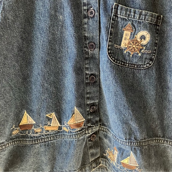 CHRISTOPHER & BANKS Nautical Embroidered Denim Button Up Shirt - Picture 3 of 5